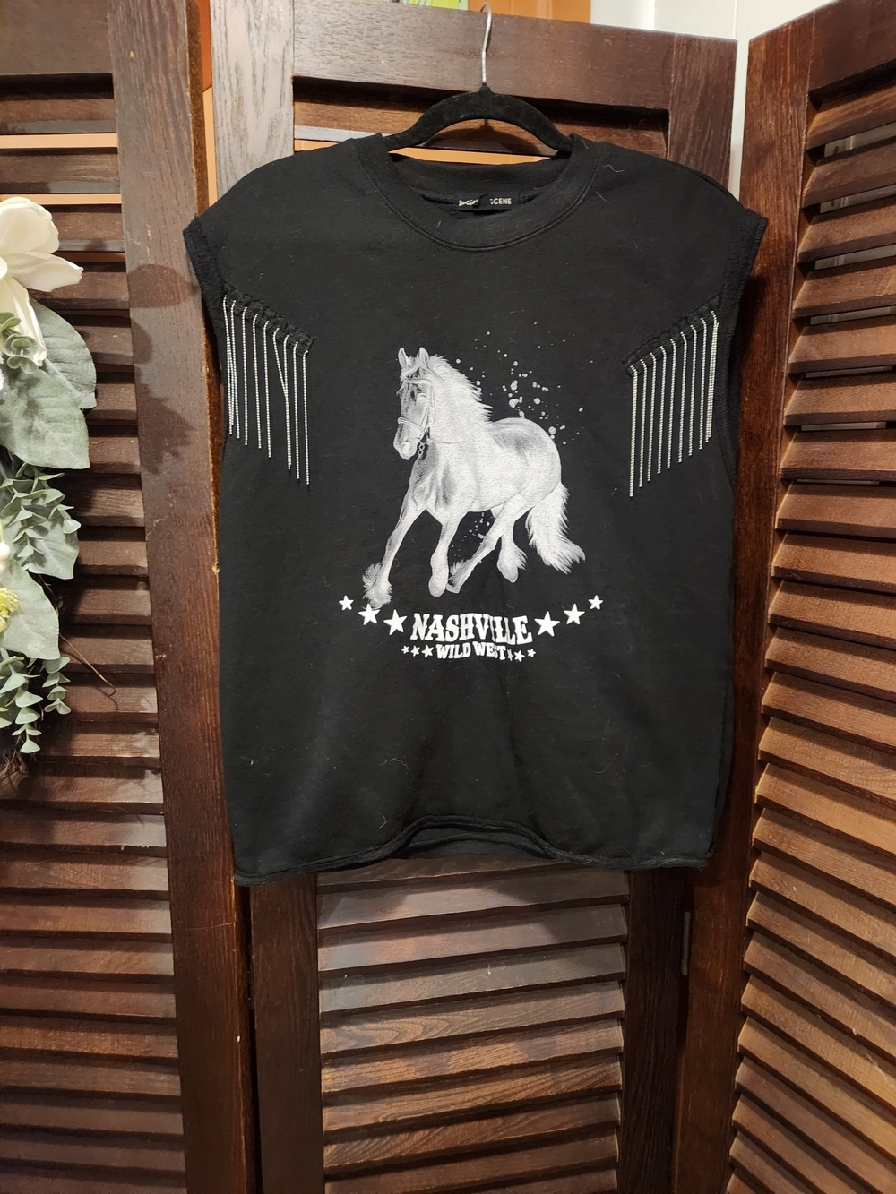 Black Muscle Sweatshirt with White Horse Graphic and Fringe